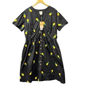 Joanie Pineapple Dress Womens 16 Organic Cotton Black Embroidered + Pockets NEW
